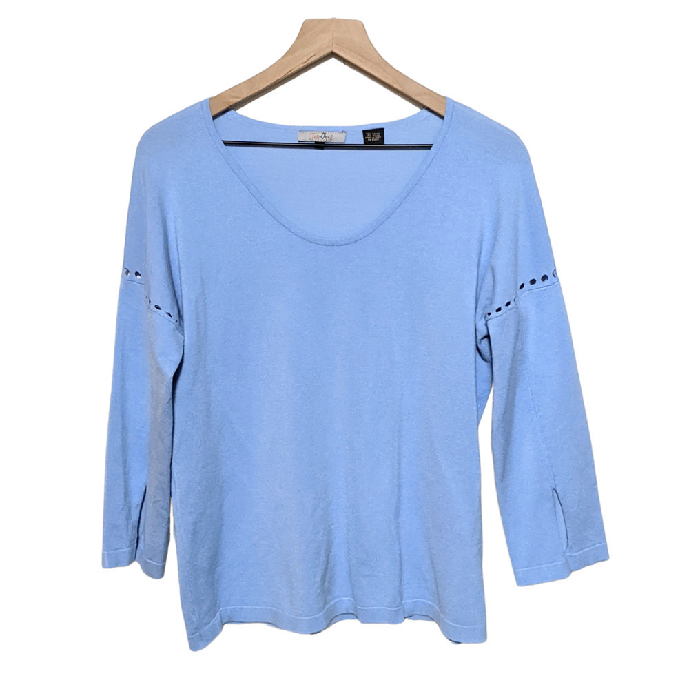 Ten Oh 8 L Blue 3/4 Sleeve Scoop Neck Sweater Cut Out Details on Sleeves Women's